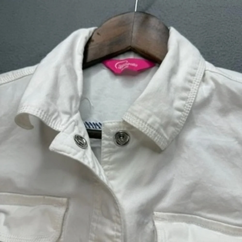 Pappagallo‎ Denim Jacket Utility Shacket Button Up Petite 6P White Flap Pockets